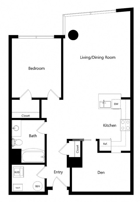 A floor plan of a small apartment with a living/dining room, kitchen, bedroom, and bathroom.